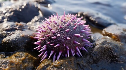 Bright Purple Sea Urchin with Spiky Spines Resting on Wet Rocky Shore by Tidal Waters