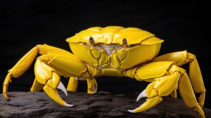 Bright Yellow Crab Stands Dominantly on a Rough Rock Surface in Studio Lighting
