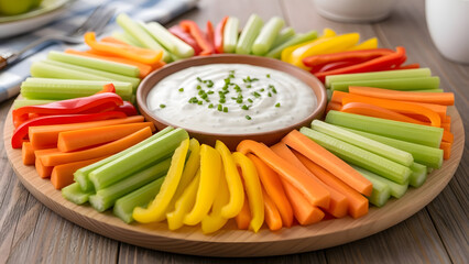 Colorful vegetable sticks with dip on wooden plate on table