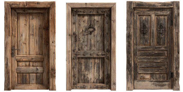 Three weathered wooden doors.  Vertical panels of aged wood.  Simple, rustic style.  Intricate details of carvings,  and hardware.  Old-world charm