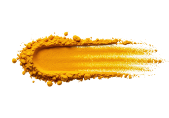 Bright yellow turmeric powder, fine granular, irregularly scattered on transparent background, soft diffused studio lighting, flat lay, macro details, concept of culinary freshness.