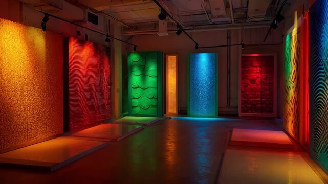 Medium shot highlighting a sensory room with colorful textured panels and dimmable lights creating an inviting atmosphere for sensory exploration.