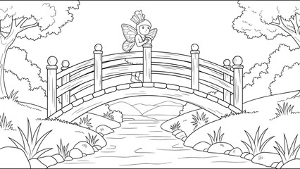 Enchanting fairy on bridge in nature scene coloring page for kids and adults