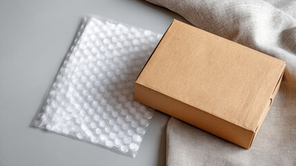 Brown cardboard box with bubble wrap packaging on gray surface and fabric background for shipping and protection