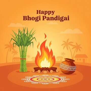 Happy bhogi pandigai with bonfire and traditional pot