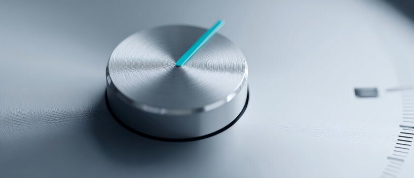 Close-up of a metallic volume control knob with a blue indicator on a sleek modern audio device surface