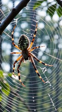 Close-up view of a vibrant spider creating a delicate web in a lush environment with blurred greenery in the background