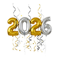 New Year 2026 Foil Balloons isolated on transparent background