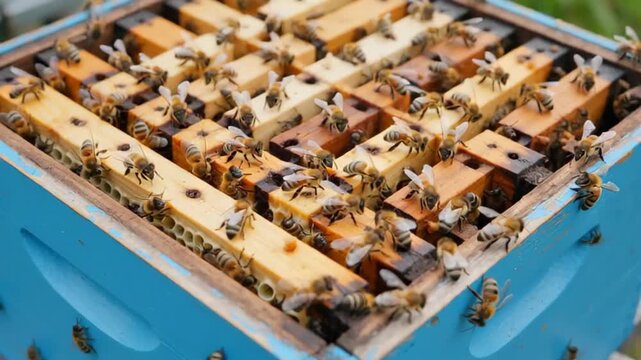 Close-up view of a vibrant beehive filled with bees working diligently on wooden frames, showcasing their industrious nature in a natural setting
