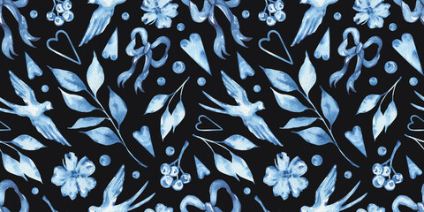 Watercolor seamless pattern with blue elements. Hand-drawn print with blue swallows, bows, flowers, and hearts. Suitable for wrapping paper, textiles, and ceramics. © Yana