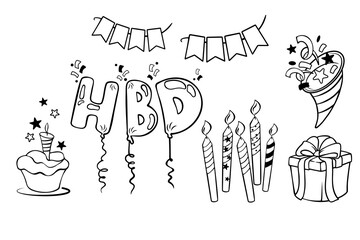 Birthday gift and party line icons set. Minimalistic, hand-drawn line illustrations of birthday gifts, balloons, candles and party elements.