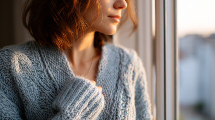 Close-up of a woman with red hair wearing a cozy knitted sweater looking thoughtfully out of a window during warm natural light