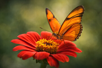 Obraz premium Close-up Macro of a Vibrant Orange Butterfly Resting on a Red Flower with a Soft Green Bokeh Background