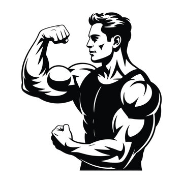 Strong man flexing his bicep showcasing muscular physique in black and white
