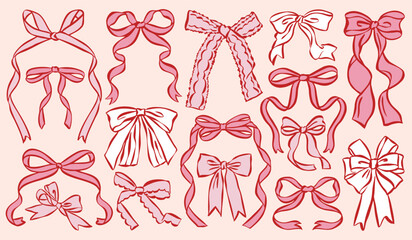 Whimsical bow and ribbon illustration collection in hand-drawn ink sketch style. Cute decorative bows and flowing ribbons for romantic, vintage, and aesthetic design projects.