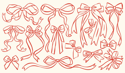 Whimsical bow and ribbon illustration collection in hand-drawn ink sketch style. Cute decorative bows and flowing ribbons for romantic, vintage, and aesthetic design projects.