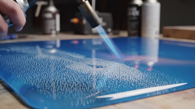 Close up of a person using a butane torch to heat a glossy blue surface with a pattern of small white dots in a workshop setting with blurred background elements including spray cans and tools under