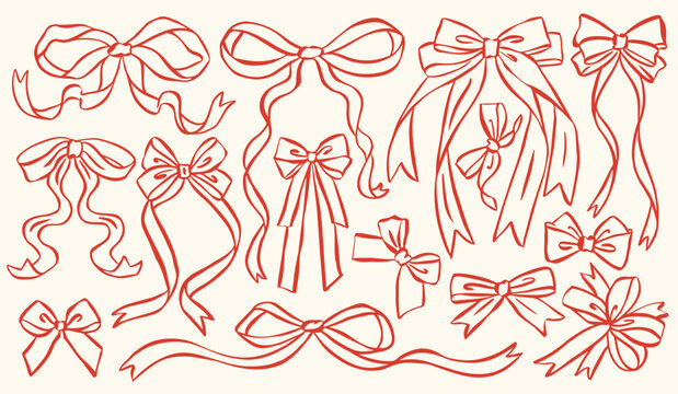 Whimsical bow and ribbon illustration collection in hand-drawn ink sketch style. Cute decorative bows and flowing ribbons for romantic, vintage, and aesthetic design projects.