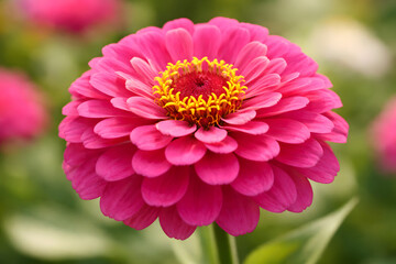 Fototapeta premium Vibrant Pink Zinnia Flower in Full Bloom, Detailed Petals and Yellow Center, Soft Bokeh Background, Garden Beauty.