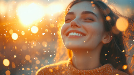 Abstract depiction of joy as a radiant golden explosion of light particles. Ethereal and dynamic atmosphere