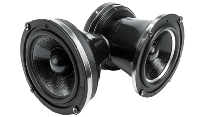 Two glossy, metallic-rimmed speakers facing outward and connected in the center