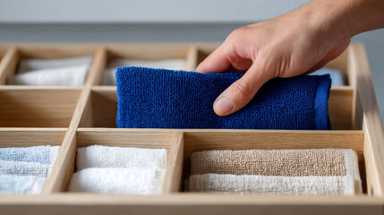 Hand organizing neatly folded towels in a wooden compartmentalized drawer for home storage and cleanliness
