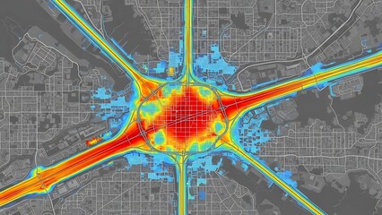 Heat Map Visualization of Urban Traffic Flow at a Complex Intersection, Aerial View of City Infrastructure and Road Network Patterns