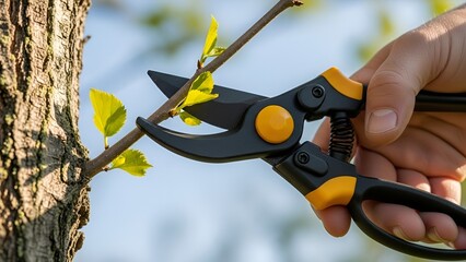 Gardener carefully prunes a tree branch with new growth using garden shears