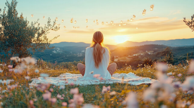 Blissful woman meditating on blanket amidst wildflowers, gazing at vibrant sunset over lush mountains, surrounded by tranquil nature and warm string lights, perfect for mindfulness and relaxation.