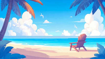 Vivid cartoon illustration of perfect summer vacation setting on tropical sandy beach with empty Adirondack chair waiting for relaxation under bright blue sky and palm trees overlooking calm turquoise