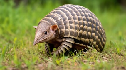 Obraz premium Close-up Image of an Armadillo Moving Across a Green Grass Field in Natural Habitat