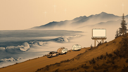 Minimal Coastal Billboard Mockup with Caravan Road and Ocean Landscape