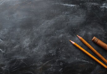 Old worn slate with pencils and a wooden object on corner edge