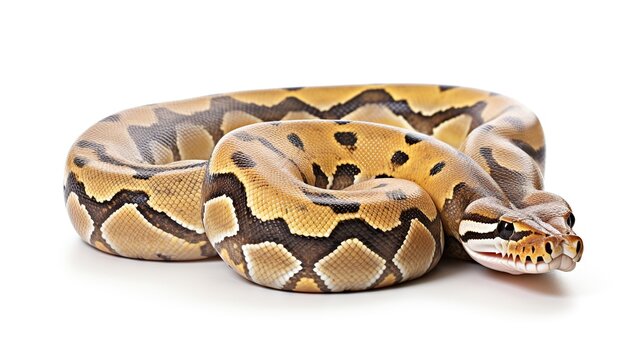 Close-up of a calm coiled golden-brown ball python displaying intricate beige and black patterning