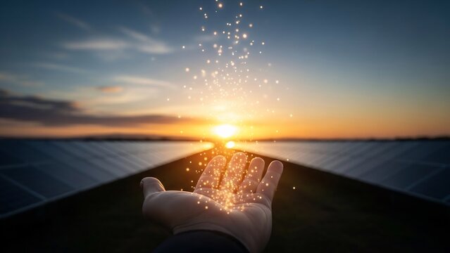 Hand releasing radiant light over solar panels at sunset, symbolizing sustainable energy and a bright future with clean, renewable technology