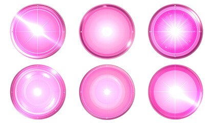 Six circular objects, varying pink gradients and white light flares, set against a black backdrop