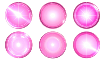 Six circular objects, varying pink gradients and white light flares, set against a black backdrop