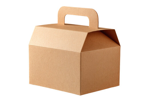 Light beige cardboard box with a handle.  A simple, gable-top lunchbox or takeaway container