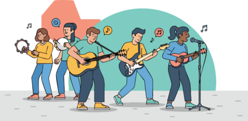 Flat photo of several people playing music