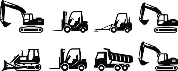 Construction machinery silhouettes, excavators, forklifts, bulldozer, dump truck, industrial vehicle icons, heavy equipment illustration set for building, engineering and logistics © Ashadujjaman