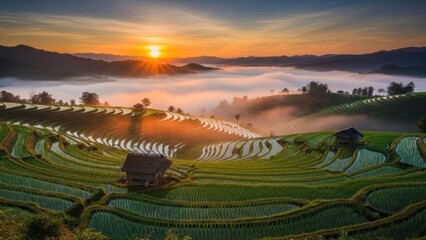 Golden sunrise illuminating lush green rice terraces nestled in misty valleys with a traditional hut