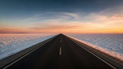 Fototapeta premium A long, solitary highway stretches into the vibrant sunset horizon across vast, reflective salt