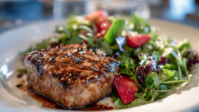 2Restaurant-style plating of grilled steak with fresh greens and sweet strawberries, resting on a white plate with soft highlights emphasizing vibrant, natural colors