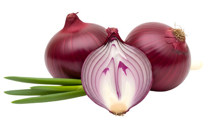 Three fresh red onions with one cut open isolated on transparent background