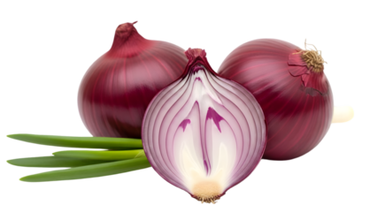 Three fresh red onions with one cut open isolated on transparent background