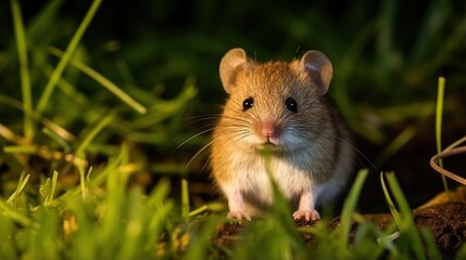 Close-up of a tiny brown hamster perched among sunlit green grass in a tranquil meadow scene