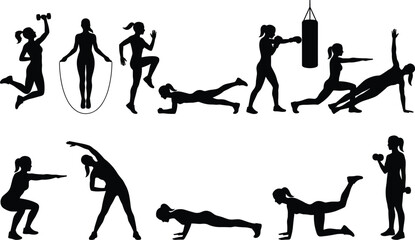 Obraz premium Female fitness workout silhouette set, exercise and training poses, gym activity icons for health, strength, cardio, stretching, bodybuilding, and home workout design
