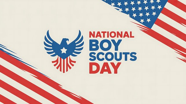 National Boy Scouts Day Banner with Patriotic Eagle Shield and American Flag Elements