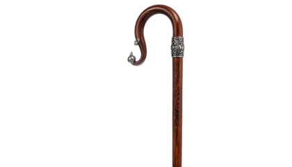 Ornate walking stick, hardwood with curved handle and silver accents, against black