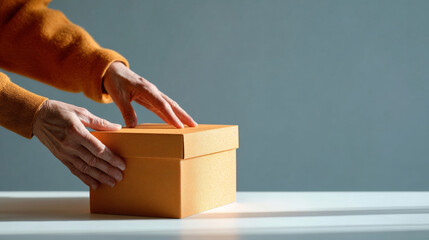 Close-up of elderly hands opening a textured orange gift box on white table with soft natural light and muted blue background